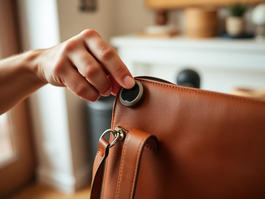 Befestigung des WeaCh Tag an einer Ledertasche